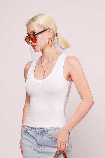 Beyaz Derin V Yaka %100 Pamuklu Basic Kadın Atlet Mg2405