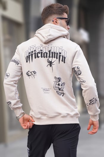 Bej Baskılı Kapüşonlu Sweatshirt 5895