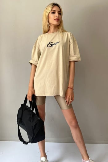 Bej Baskılı Oversize Tişört MG1491
