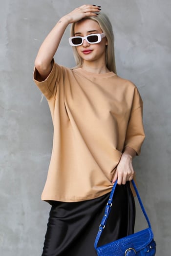 Bej Bisiklet Yaka Basic Oversize T-shirt MG1687