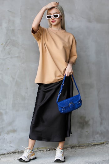 Bej Bisiklet Yaka Basic Oversize T-shirt MG1687