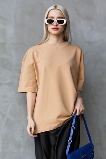 Bej Bisiklet Yaka Basic Oversize T-shirt MG1687