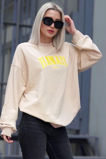 Bej Bisiklet Yaka Baskılı Sweatshirt MG1922