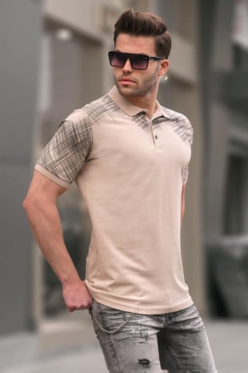 Bej Desenli Polo Yaka Erkek Tişört 6082