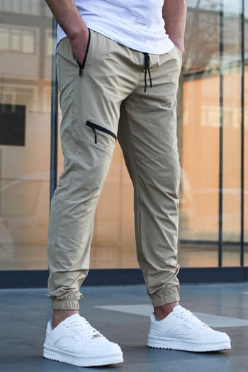 Bej Fermuar Detaylı Paraşüt Jogger Pantolon 