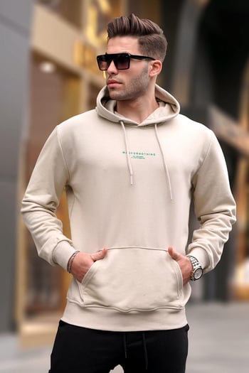 Bej Kapüşonlu Baskılı Erkek Sweatshirt 6017