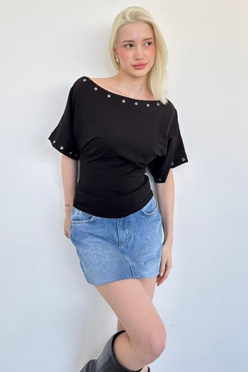 Siyah Off Shoulder Metal Detaylı Kadın Bluz MG2671