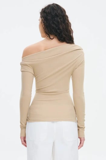 Bej Kadın Off Shoulder Uzun Kollu Bluz MG2567