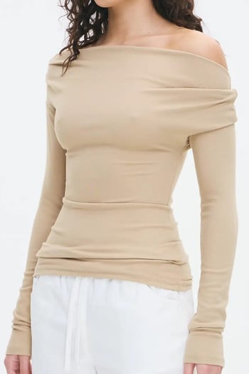 Bej Kadın Off Shoulder Uzun Kollu Bluz MG2567