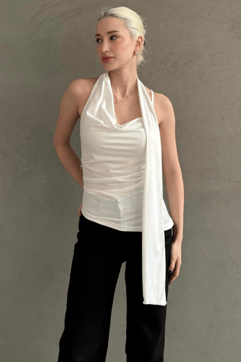 Beyaz Degaje Yaka Atkılı Şık Kadın Bluz MG2650