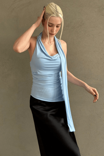 Mavi Degaje Yaka Atkılı Şık Kadın Bluz MG2650