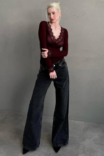 Bordo V Yaka Dantelli Transparan Kadın Bluz MG2662