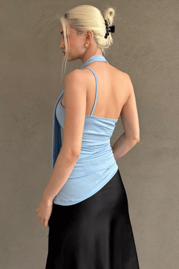 Mavi Degaje Yaka Atkılı Şık Kadın Bluz MG2650