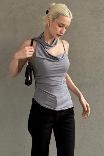 Gri Degaje Yaka Atkılı Şık Kadın Bluz MG2650