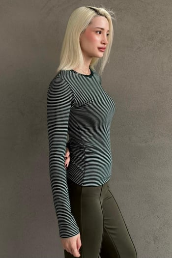Yeşil Çizgili Uzun Kollu Kadın Body MG2657