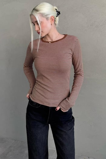 Kahverengi Çizgili Uzun Kollu Kadın Body MG2657