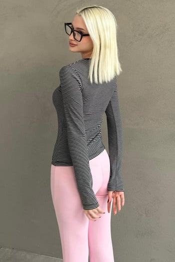 Siyah Çizgili Uzun Kollu Kadın Body MG2657