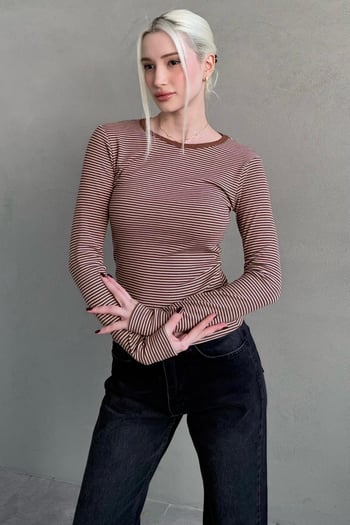 Kahverengi Çizgili Uzun Kollu Kadın Body MG2657