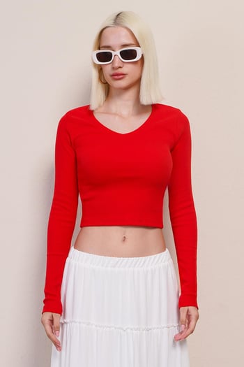 Kırmızı V Yaka Uzun Kollu Kaşkorse Body MG2192