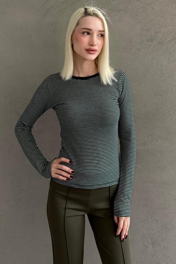Yeşil Çizgili Uzun Kollu Kadın Body MG2657