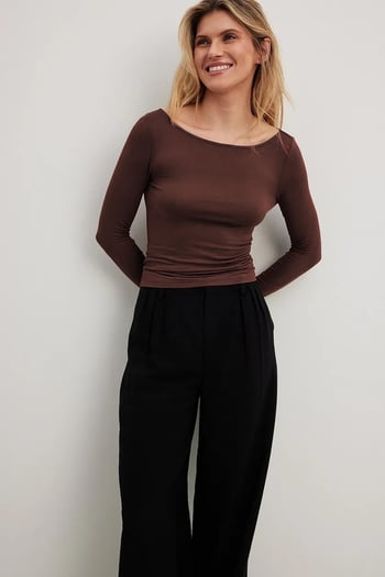 Kahverengi Kayık Yaka Basic Kadın Body MG1997