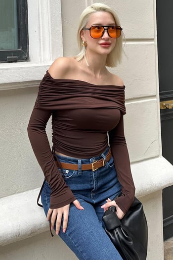 Kahverengi Büzgülü Kayık Yaka Kadın Bodysuit MG2250