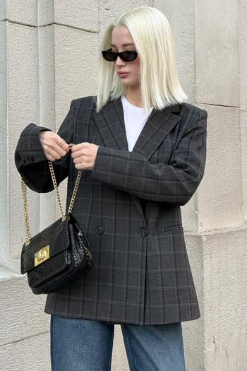 Antrasit Kareli Kadın Blazer Ceket MG2624
