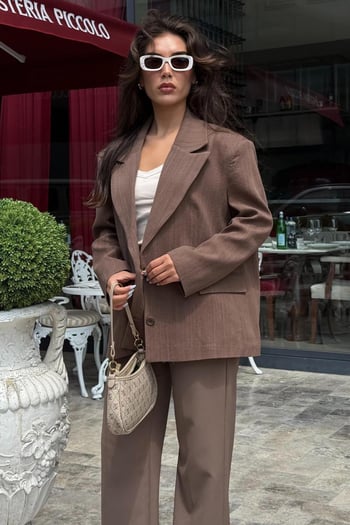 Kahverengi Keten Blazer Kadın Ceket Mg2443