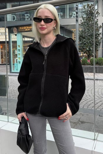Siyah Fermuarlı Kapüşonlu Polar Kadın Ceket MG2569