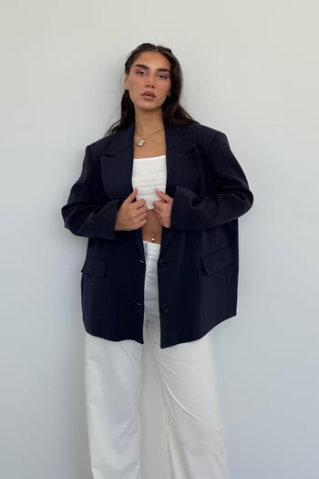 Lacivert Keten Blazer Kadın Ceket Mg2443