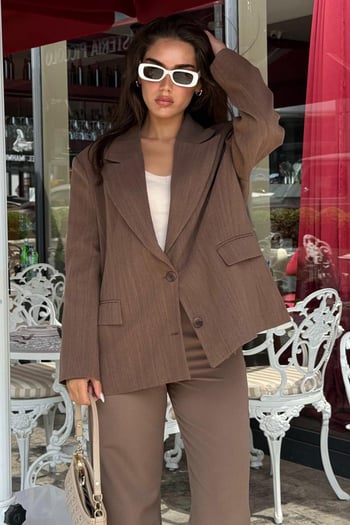 Kahverengi Keten Blazer Kadın Ceket Mg2443