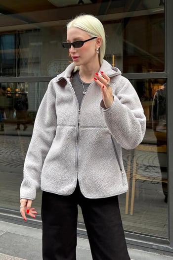 Gri Fermuarlı Kapüşonlu Polar Kadın Ceket MG2569