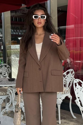 Kahverengi Keten Blazer Kadın Ceket Mg2443