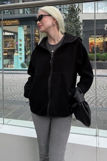 Siyah Fermuarlı Kapüşonlu Polar Kadın Ceket MG2569