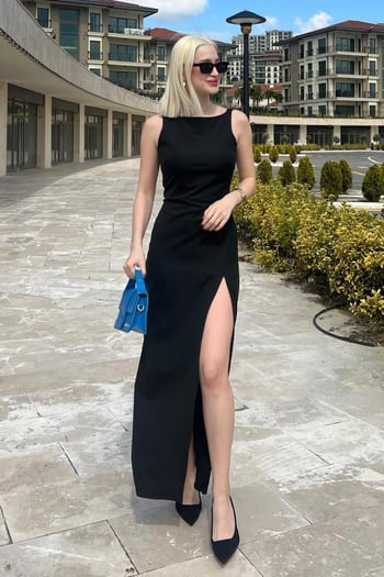 Siyah Maxi Boy Yırtmaç Detaylı  Kadın Elbise Mg2367