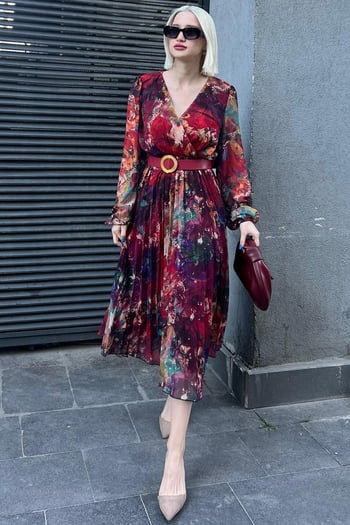 Kırmızı Kruvaze Yaka Desenli Şifon Elbise MG2065