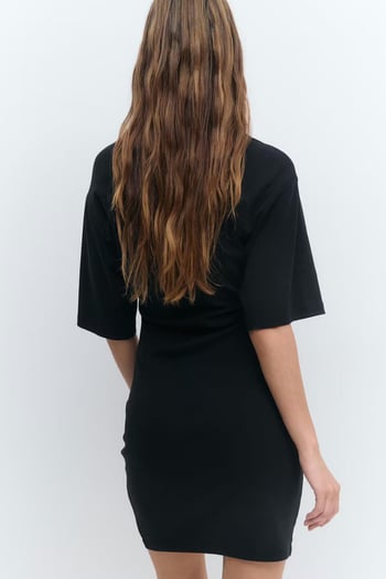 Siyah Bisiklet Yaka Yarım Kollu Kadın Tişört Elbise MG2656 