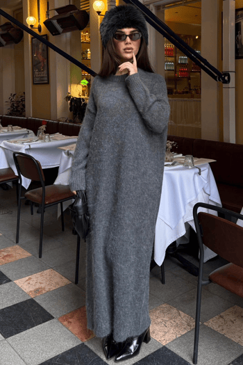 Antrasit Bisiklet Yaka Basic Triko Kadın Elbise MG2611