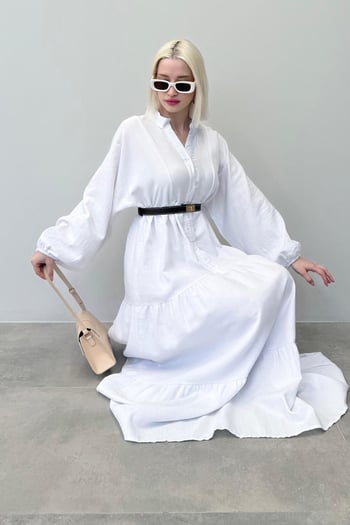 Beyaz Uzun Kollu Düğmeli Elbise Mg2433