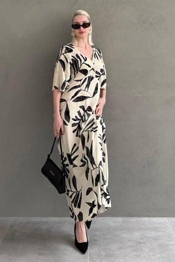 Ekru Desenli  Yarım Kollu Elbise MG2395