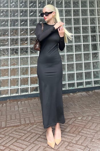 Siyah Basic Yarım Balıkçı Uzun Kollu Elbise MG1947