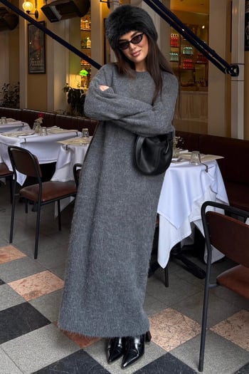 Antrasit Bisiklet Yaka Basic Triko Kadın Elbise MG2611