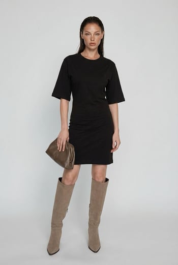 Siyah Bisiklet Yaka Yarım Kollu Kadın Tişört Elbise MG2656 