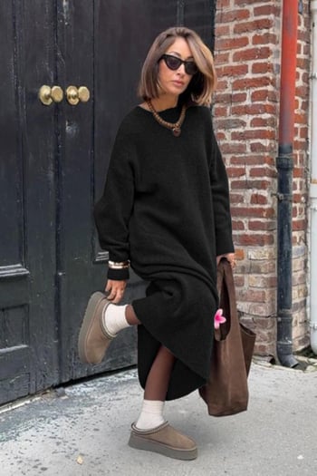 Siyah Bisiklet Yaka Basic Triko Kadın Elbise MG2611