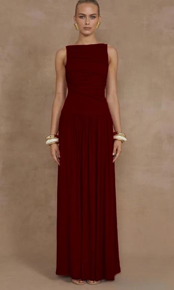 Bordo Önü Dökümlü Uzun Boy Kadın Elbise Mg2364