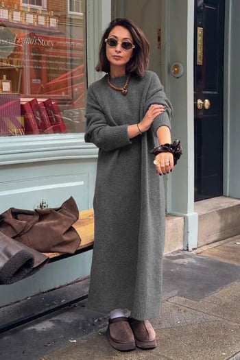 Antrasit Bisiklet Yaka Basic Triko Kadın Elbise MG2611