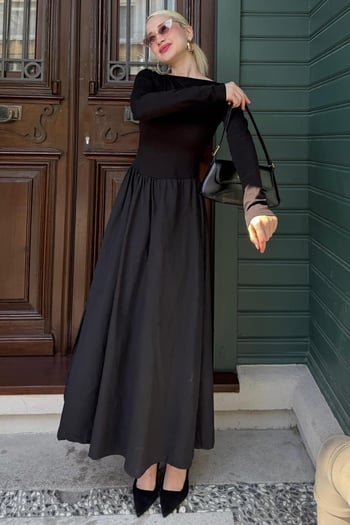 Siyah Maxi Boy %100 Pamuklu Kadın Elbise Mg2365