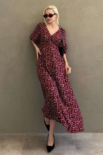 Bordo Çiçek Desenli  Yarım Kollu Elbise MG2390