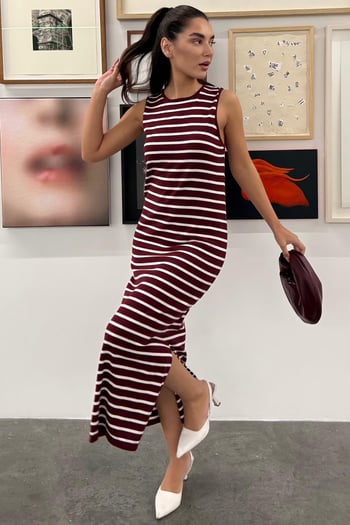 Bordo Bisiklet Yaka Çizgili Günlük Elbise MG2803