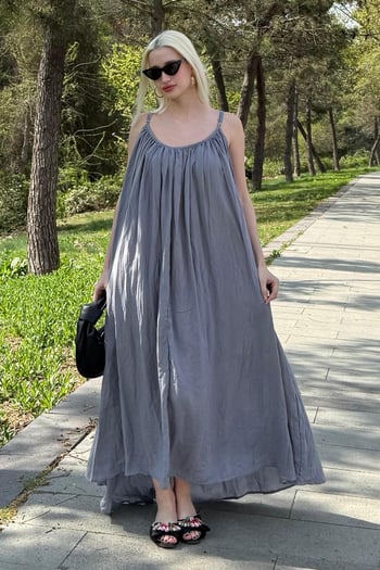 Gri Halter Yaka Askılı Uzun Basic Kadın Elbise MG2163